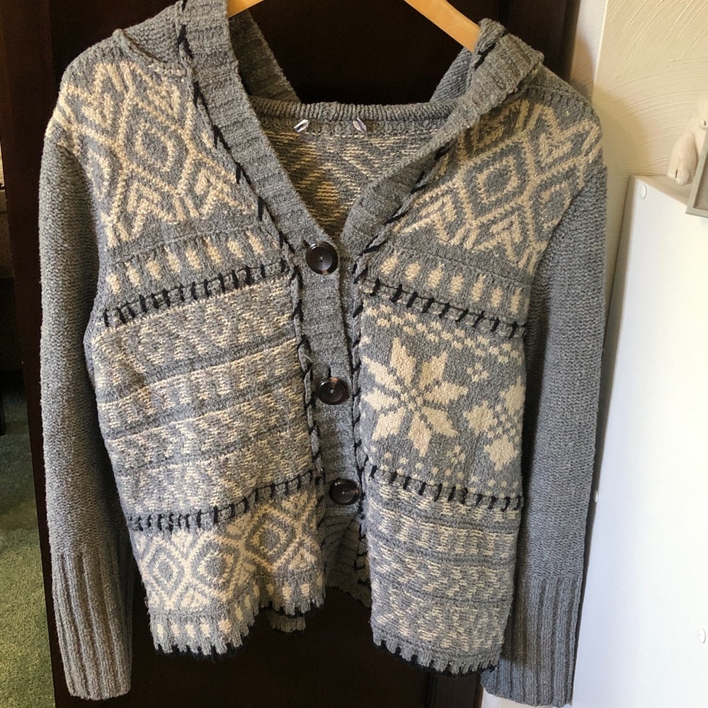 Cozy Gray Patterned Hooded Cardigan Sweater - Women